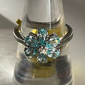 Cambodian Blue Zircon and Natural White Zircon Floral Ring -- Size 5